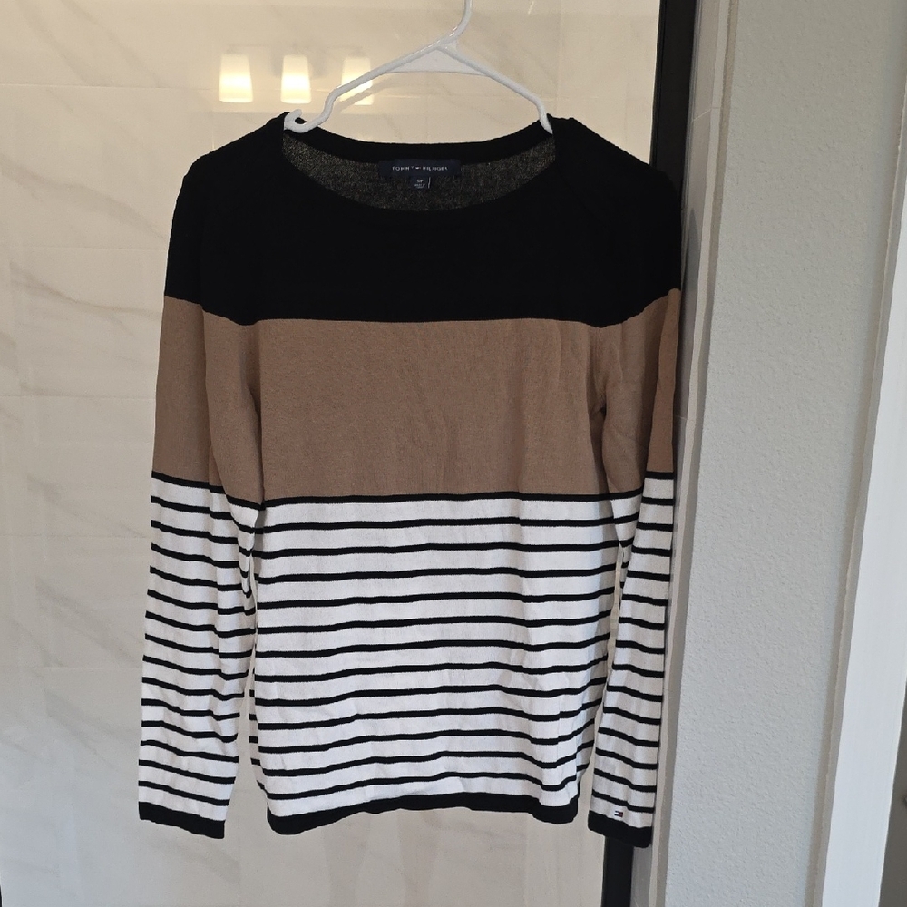 Tommy Hilfiger Women's Striped Crewneck Sweater - Black, Tan, White